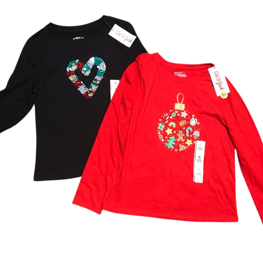 Cat & Jack Girls Christmas Black and Red Long Sleeve Tees 2 pack Medium 7/8